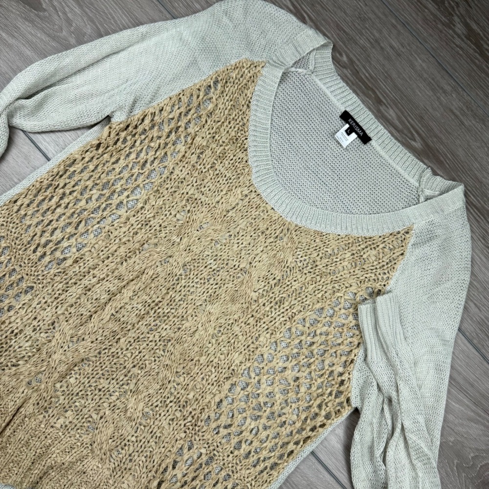 Kerisma Womens Sweater Open Knit Cable Layered Tan Gray L